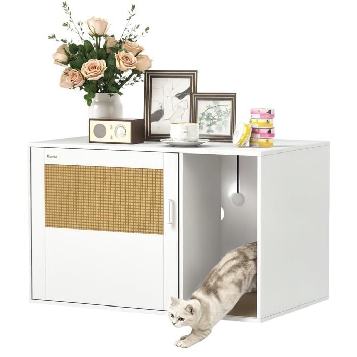Meilleurs prix pour Maison de toilette chat - meuble litière pour chat - PawHut - tapis griffoir - porte avec poignées - style bohème - blanc