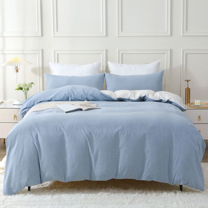 Parure de lit marine 100% coton housse de couette + 2 taies d'oreiller - 260x240 cm - 65x65 cm TEX HOME : la parure de lit + 2 taies d'oreiller à Prix