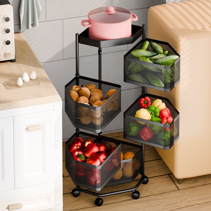 Chariot De Service 5 Niveaux à Roulettes – Desserte Cuisine Noire 26x26x95,5 Cm, Paniers Pliables, Idéal Rangement Légumes, Salle De Bain, Bureau