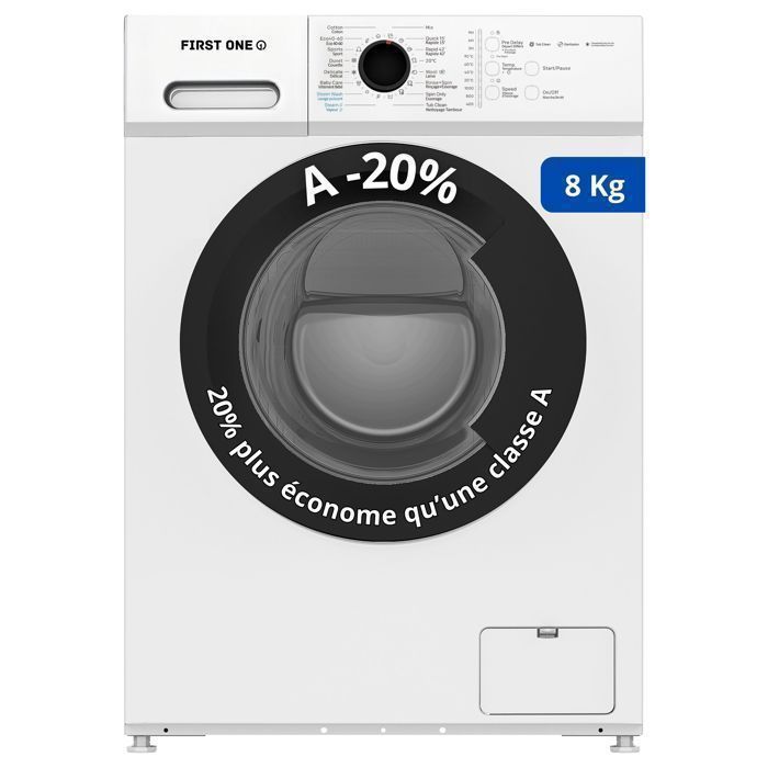 Lave-linge frontal FIRST ONE FLL81400WH - 8 Kg - 1400 tr/mn - 16 programmes - Eco - Intensif - Rapide – Très Faible conso - A-20% - First One