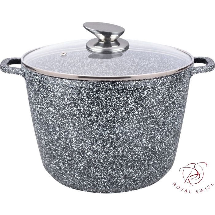 Royal Swiss Casserole 36 cm noire 14 l avec revêtement en marbre et couvercle en verre pour induction et four en fonte d'aluminium avec poignées amovibles en silicon (Noir, 24cm