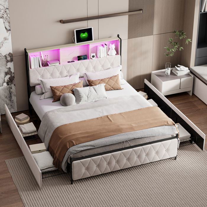 Lit 140x200 cm - RWUDV - LED - USB - 4 tiroirs - lit coffre 140x200 - lit double -lit 140x200 avec sommier2 PersonnesVelours beige