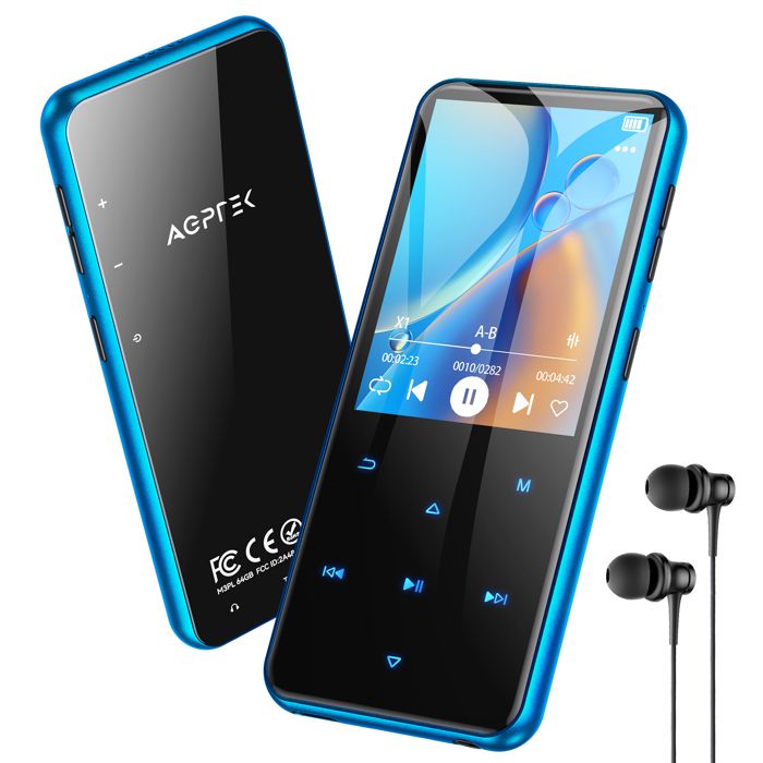 Lecteur MP3 AGPTEK 64 Go Bluetooth 5.4 – Haut-Parleur Intégré, Radio FM, Enregistreur – Métal, Extensible 128 Go – Autonomie 16h – Câble USB-C