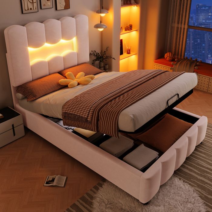 Lit simple LED 90×200 cm Lit coffre avec tête de lit réglable et système hydraulique velours rose (sans matelas)