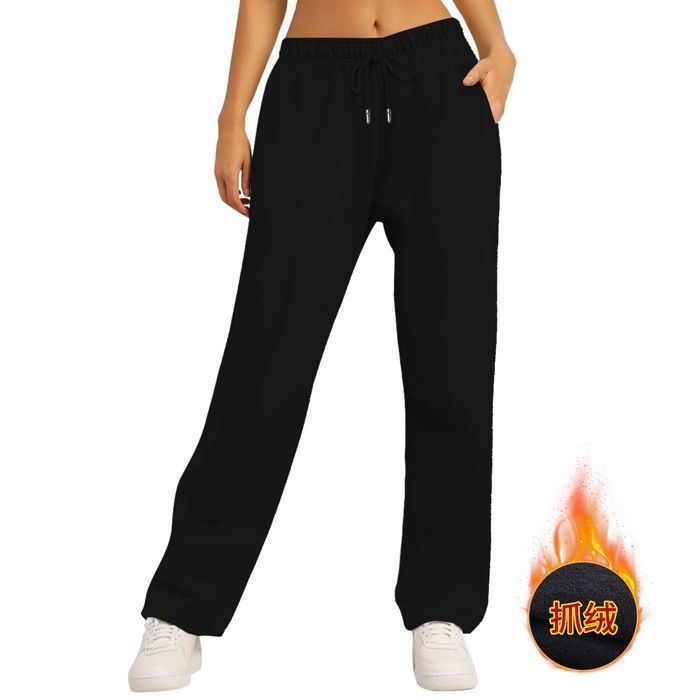 PANTALON DE YOGA - Pantalon Jogging Femme Décontracté Jambe Large Polaire  - Noir - Pantalon de Survêtement Taille Elastique Ample