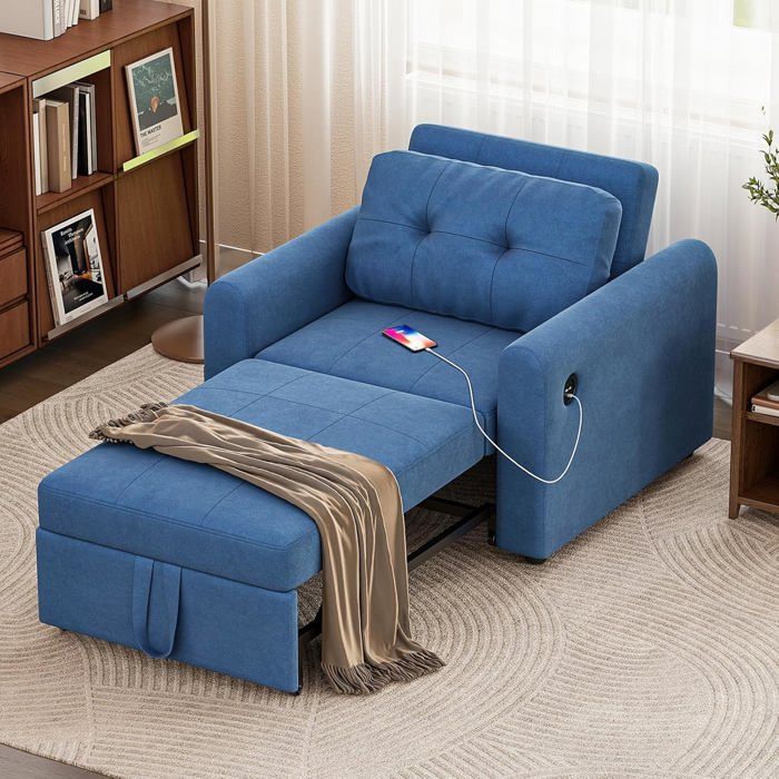 Canapé-lit 3 en 1 avec USB et Type-C Canapé simple pliable avec dossier réglable Chaise canapé-lit en tissue de lin bleu