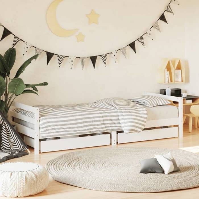 Bonne qualité - Cadre de lit denfants tiroirs blanc 90x190 cm - haut de gamme - bois pin massif8134