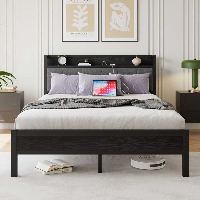 Lit double - Vintage - 140 x 200 cm - LED intégrée - Ports USB et prise électrique