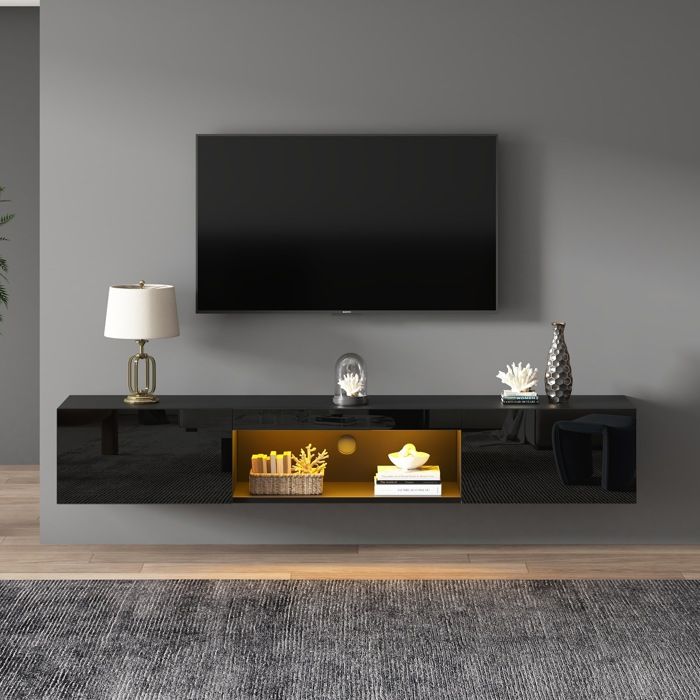 Meuble TV mural laqué brillant 160x31x22 cm avec LED pour téléviseurs jusquà 70 pouces (178 cm) capacité de charge 35 kg noir.
