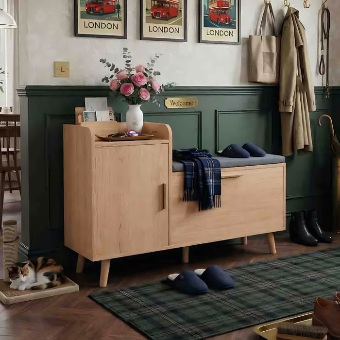 Banc à Chaussures 100×30×69.5cm - Abattant 34cm à Droite - Gain de Place - Bois Naturel