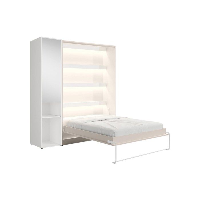 Lit escamotable vertical 160 x 200 cm - 1 colonne de rangement - Avec miroir et LEDs - Beige - RAPILI