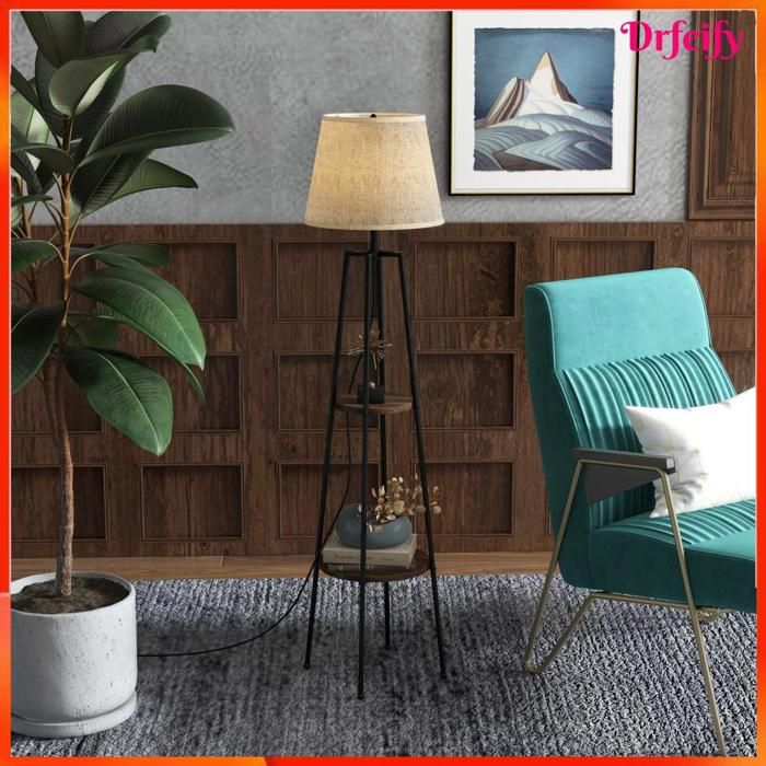 Lampadaire sur pied - AKOZON - 8769 - 2 étagères - Abat-jour tissu beige - Douille E27 40W