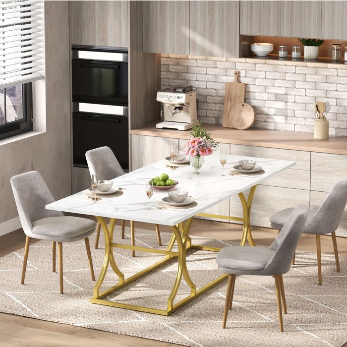 Table à manger blanc marbre et or L 200 x P 80 x H 76 cm plateau MDF 25 cm pieds métal réglables