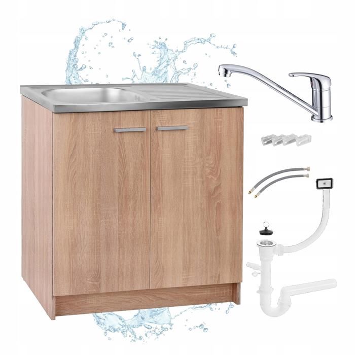 STAMAR Meuble sous Évier 80 cm Chêne Sonoma + Évier Inox + Robinet Pivotant Chrome + Siphon LV + Kit - 80x49x82 cm