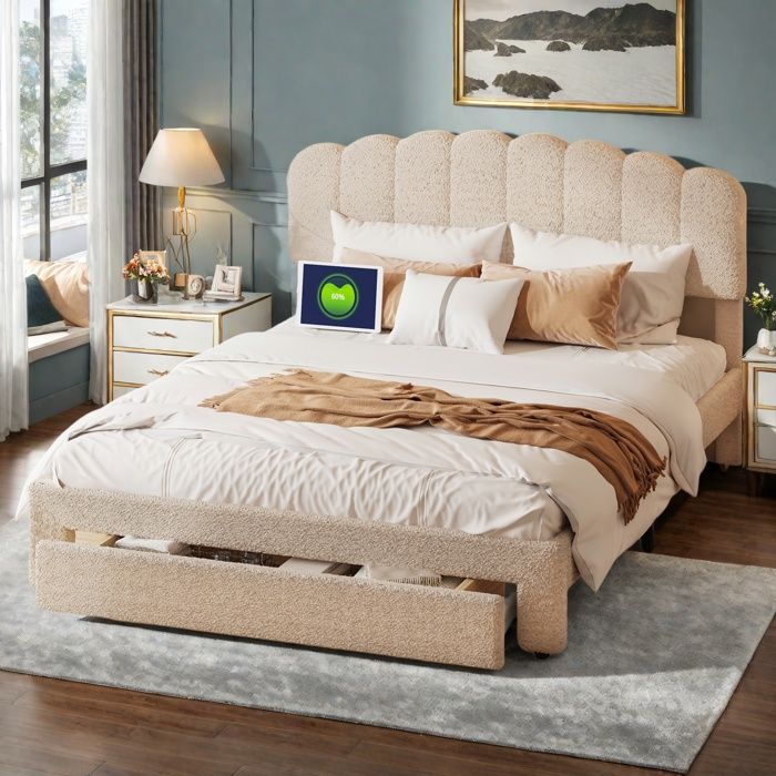 Lit double - URBANLUXE - 160x200 cm - Rembourré beige - Sommier à lattes inclus - Port USB et 1 tiroir