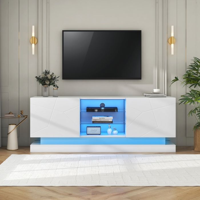 Meuble TV - KOMHTOM - 160 cm - pour téléviseur jusquà 70 pouces - étagère verre réglable - charnières silencieuses Meuble TV - KOMHTOM - 160 cm - pour téléviseur jusquà 70 pouces - étagère verre réglable - charnières silencieuses
