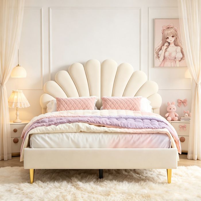 Lit 140x190 cm avec tete de lit en forme de pétale et sommier à lattes cadre de lit 140x190 tissu en velours beige