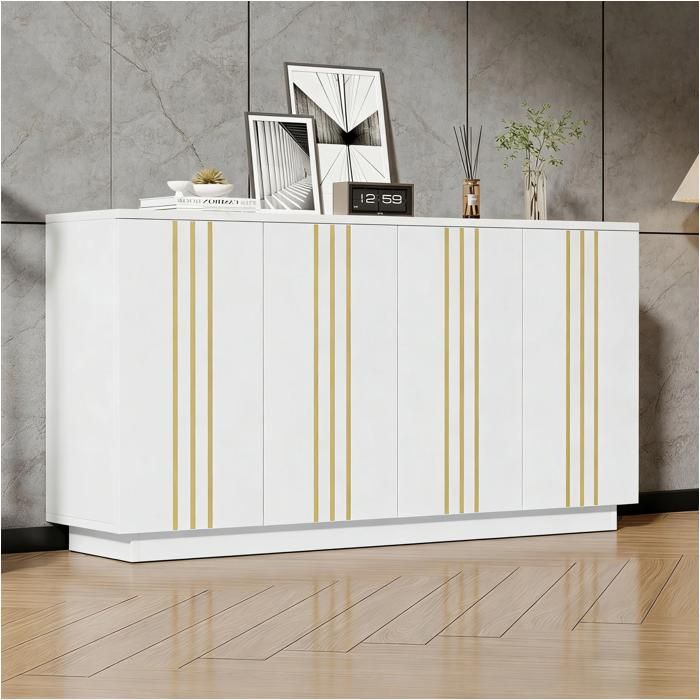 Buffet de Salon Meuble de Rangement avec 4 Portes Design avec Lignes Dorées étagères Réglables Armoire Polyvalente 140x35x70cm Blanc