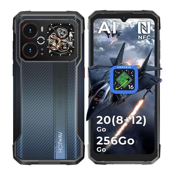HOTWAV Cyber 18 4G Smartphone Robuste Android 16 Écran 675 HD+ 20(8+12)Go/256Go6200mAh 64MP NFC/GPS/Face ID IP68 Téléphone-Noir