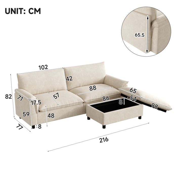 Canapé modulaire sectionnel - Beige - Chenille - Dimensions L216xH82xP77 cm - Repose-pieds amovible - Dossier haut 42 cm