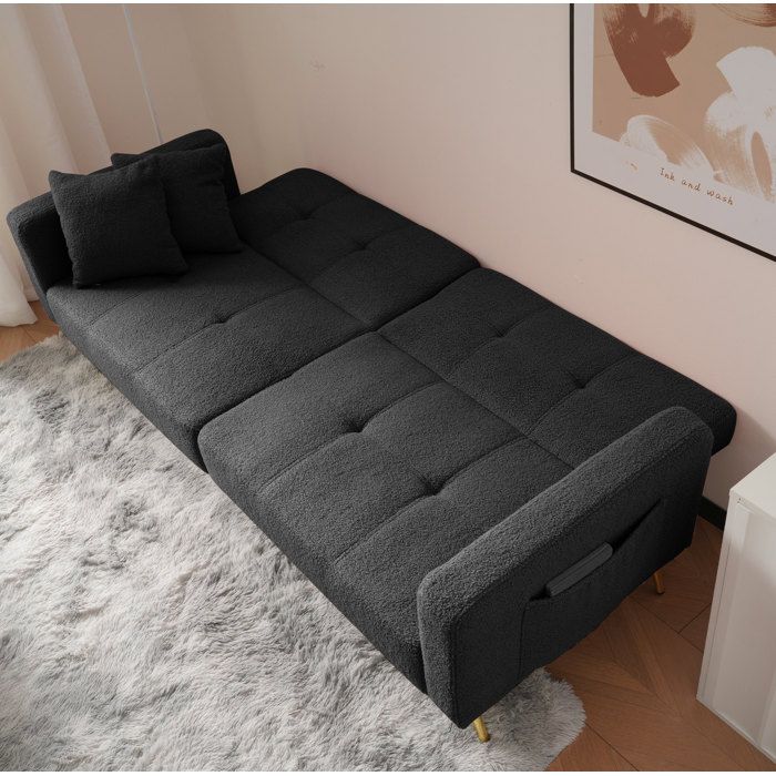 Canapé convertible fonction couchage dossier ajustable pieds dorés coussins et poches de rangement