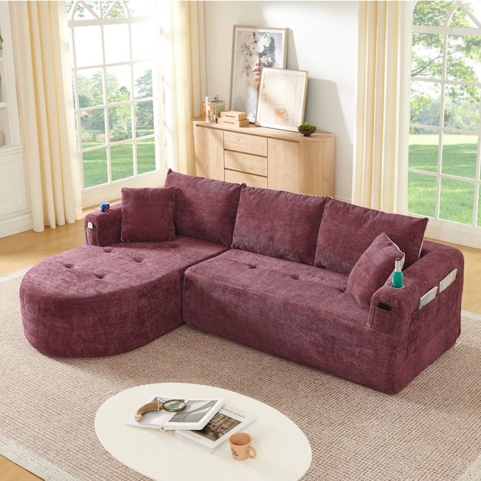 Canapé d’angle modulable 3 places en L 255 x 171 x 64 cm sans montage porte-gobelets inox rouge bordeaux