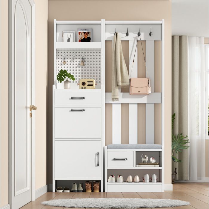 JOINERY Meuble d’Entrée Moderne Banc et Étagères à Chaussures Armoire avec 7 Crochets 110x35x1755 cm Blanc