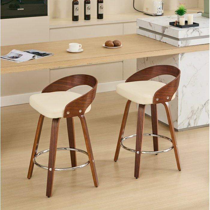 COVREO Lot de 2 tabourets de bar pivotants 360° assise 63 cm dossier bas simili cuir beige noyer