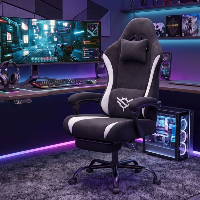 Fauteuil de Bureau Gaming Ergonomique Inclinable à 135° avec Repose-Pieds en Polyester 70 x 70 x 120-130 cm Noir