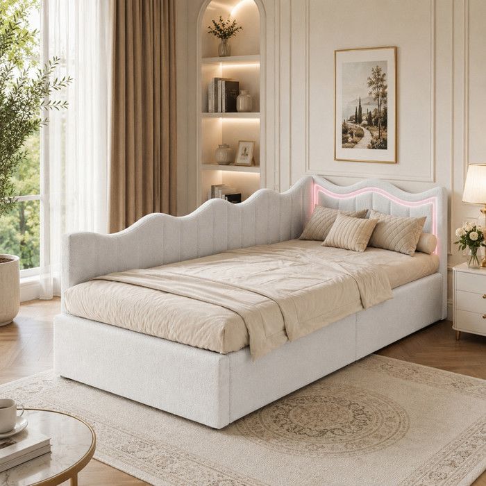 Canapé-lit rembourré 90x200 cm avec sommier lit coffre hydraulique avec éclairage LED Lit capitonné simple Tissu Teddy blanc