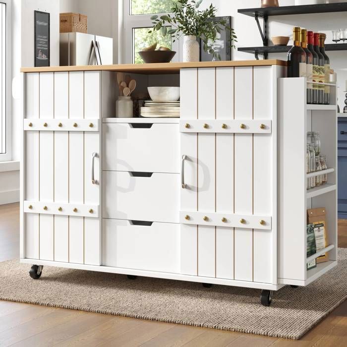 Îlot Central Cuisine Blanc sur Roulettes avec Portes Coulissantes Tiroirs et Rangement MDF 110x42x90 cm-Norevia