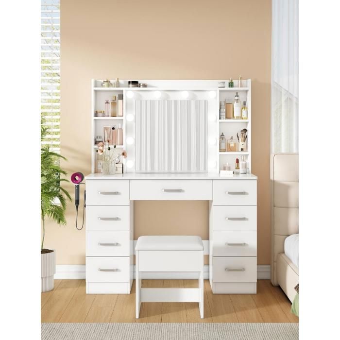 Table de Maquillage Blanche LED – Coiffeuse Moderne 9 Tiroirs Miroir Réglable Tabouret + Rangement Étagères Meuble Chambre