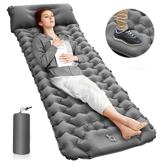 LEMLIT Matelas de Camping Autogonflant - 10 cm dépaisseur - Pliable - Ultra-léger - 1 Personne avec Pompe à Pied et Coussin Gris