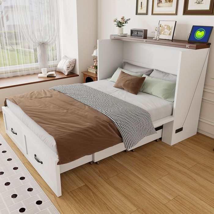 Lit Escamotable 140x200cm Lit Pliant 2 Personnes avec espace de rangement Port USB et Prise électrique Design Convertible blanc
