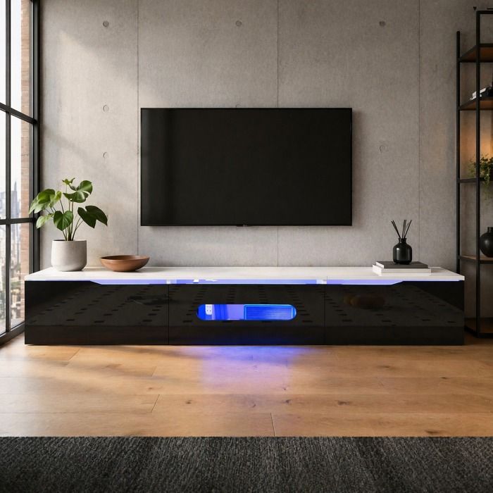 Meuble TV 180 cm noir et blanc brillant LED 16 couleurs Bluetooth mural design minimaliste MDF VEVXYN