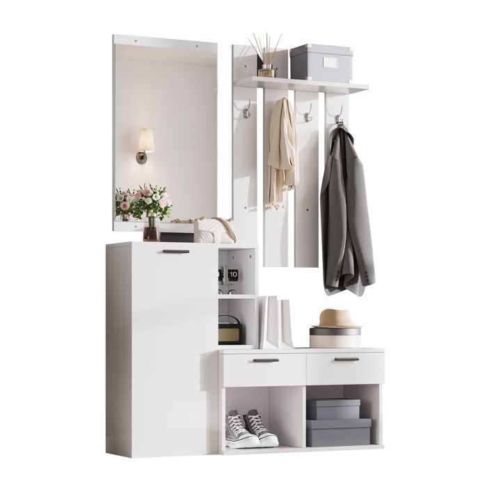 Vestiaire d’entrée avec miroir – Blanc – MDF – 2 tiroirs – 4 crochets – 120 x 35 x 175 5 cm