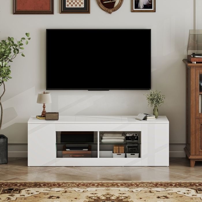 Meuble TV - ZEVKOR - 140 cm - 6 compartiments - 2 étagères en verre - Pour TV jusquà 65 pouces