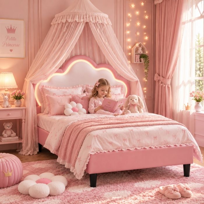 Lit Enfant Simple 90x200 cm avec sommier Lit fille capitonné avec LED Tête de Lit Réglable Cadre de Lit Princesse Velours Rose
