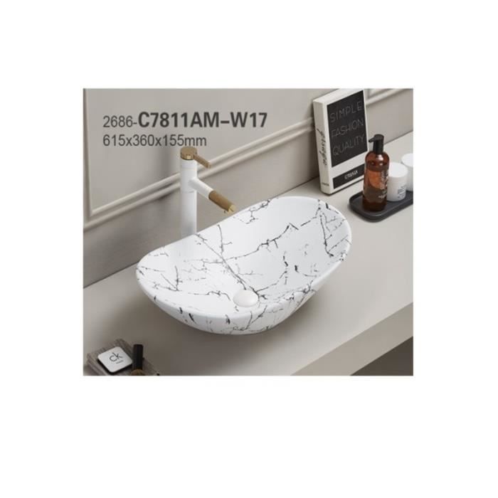 Vasque à poser en céramique blanche marbrée - AC-DÉCO - L 61 x 36 cm - Ovale - Intérieur