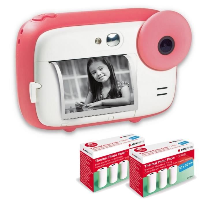 AGFA PHOTO Pack Realikids Instant Cam + 3 rouleaux Papier Thermique ATP3WH - Appareil Photo Enfant, Batterie Lithium - Rose