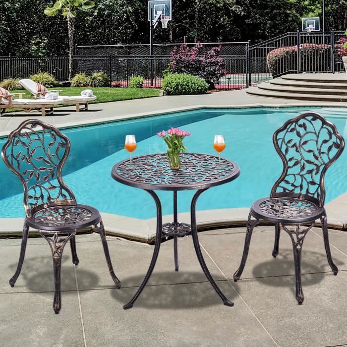 COSTWAY Ensemble Table pour Jardin et 2 Chaises en Aluminium Ensemble Bistrot pour Jardin Coulé Bronze et Noir Style Antique