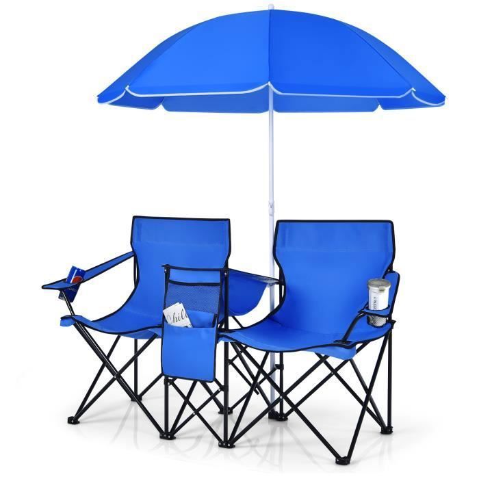 COSTWAY Chaise/Fauteuil de Camping Pliante 2 Places avec Sac isotherme, Parasol, Porte-gobelet, Accoudoirs, Charge 270 KG, Bleu