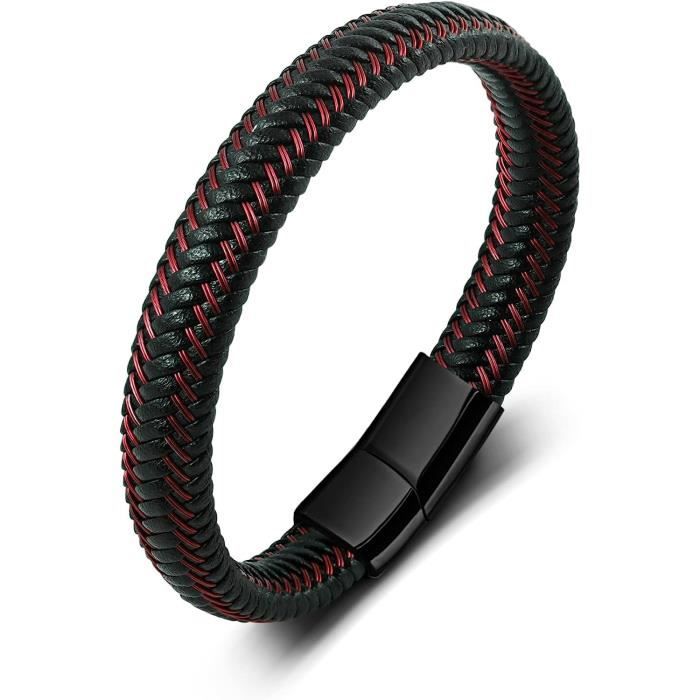 Bracelet Homme Magnétique Acier Inoxydable & Cuir - Cadeau Anniversaire Noël Papa Mari Avec Boîte