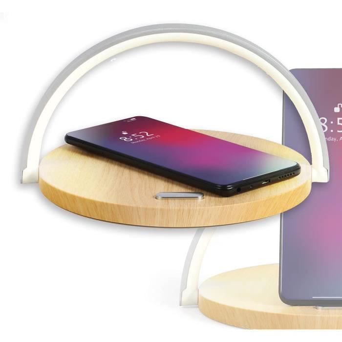 Lampe De Chevet Multifonction - Chargeur Sans Fil 10W - Réveil Lumière Soleil - 10 Sons Naturels