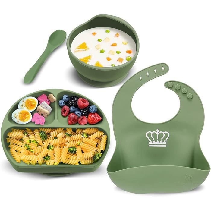 Set Vaisselle Silicone Bébé Assiette avec Ventouse Bol Antidérapante  Coffret Cadeau Repas Enfant pour Fille ou Garçon, Vert clair