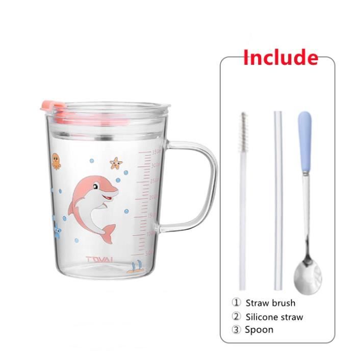 Tasse à Lait Enfant - Verre Résistant à la Chaleur - Rose - 350ML - Avec Paille en Silicone - Étanche