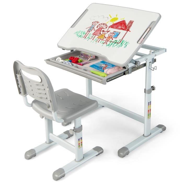 Bureau Enfant Réglable En Hauteur COSTWAY - Plateau Inclinable, étagères, Tiroir, Pour 3-12 Ans, Charge 80 Kg
