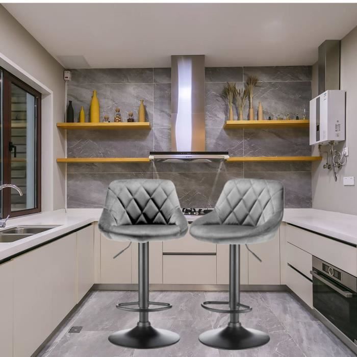 JEOBEST® 2 Tabouret Bar Tabouret de Bar Gris Clair Chaise de Bar Pivotants avec Dossier en Velours L35 x P37 x H105 cm