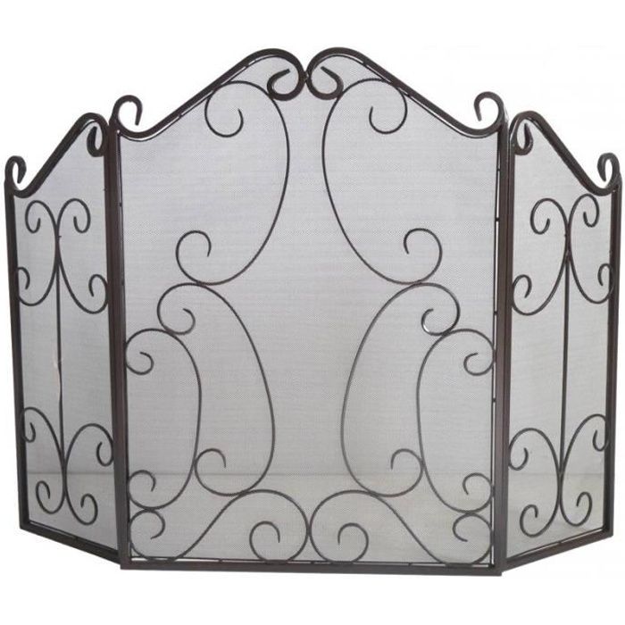 Pare-étincelles De Cheminée 3 Pans Triptyque Ancien + Paire De Chennets Assortis – Métal Noir