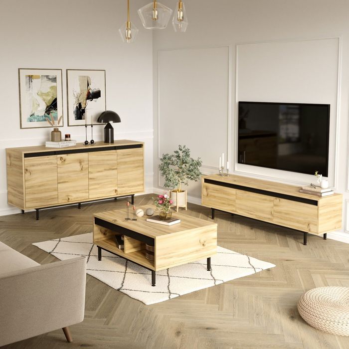 Ensemble meuble TV, table basse et buffet Waiho Chêne clair et Noir ...
